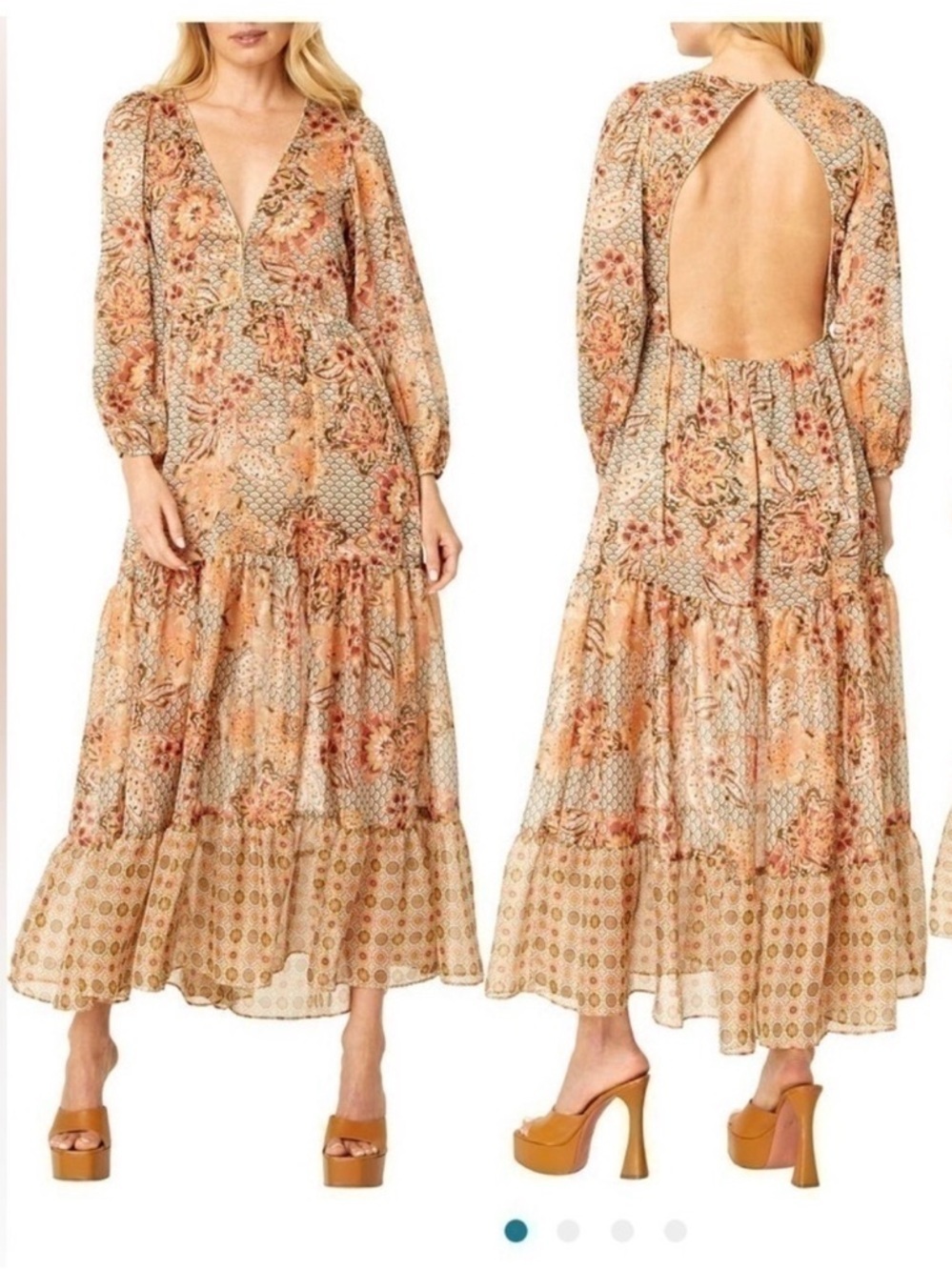 MISA Los Angeles Anahita Floral Medallion Chiffon Midi Dress Sz Medium Boho